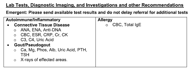 Lab Tests, Diagnostic Imaging, Investigations and Other Recommendations